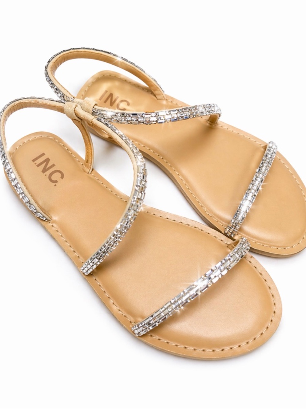 INC International Concepts Tan Sandals with Silver Crystal Straps